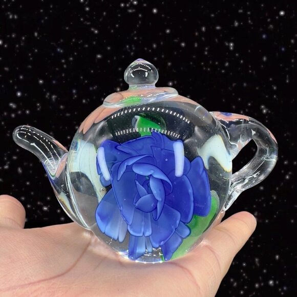 Art Glass Clear Teapot Paperweight With Blue Flower Inside Figurine Vintage 5”W - Picture 1 of 15
